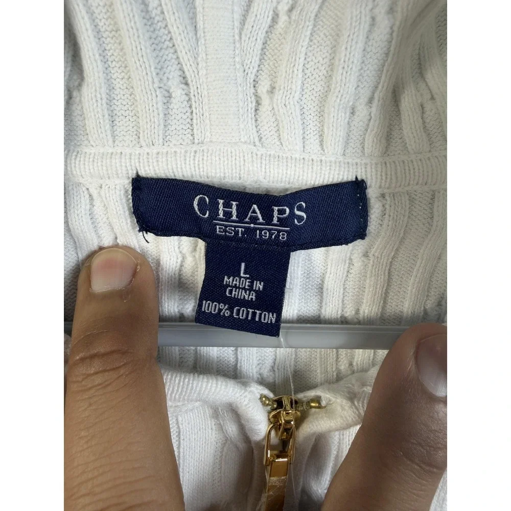 Chaps Sweater Womens Large White Hooded Short‎ Sleeve Cable Knit Full Zip Cotton